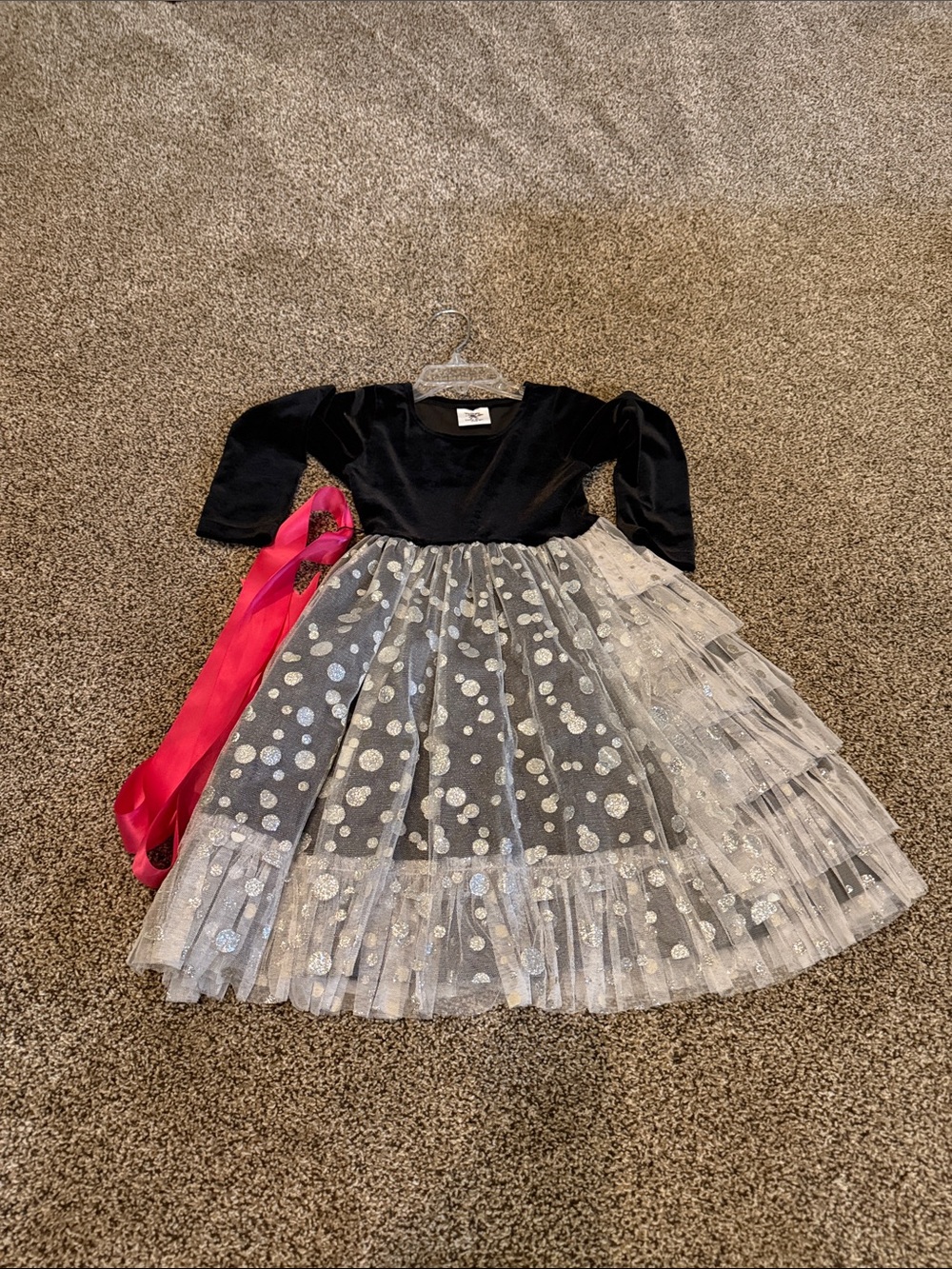 Girls Black Velvet & Silver Glitter Tulle Dance Costume with Pink Sash